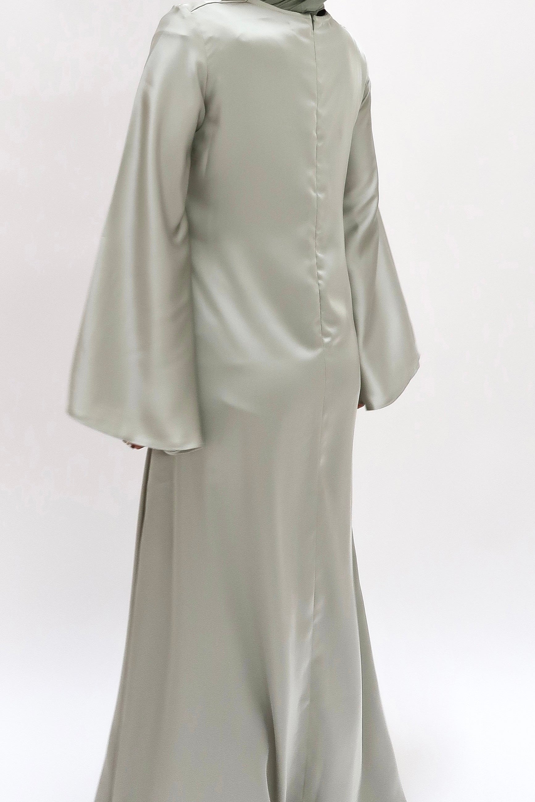 Silk dress with trumpet sleeves sage green