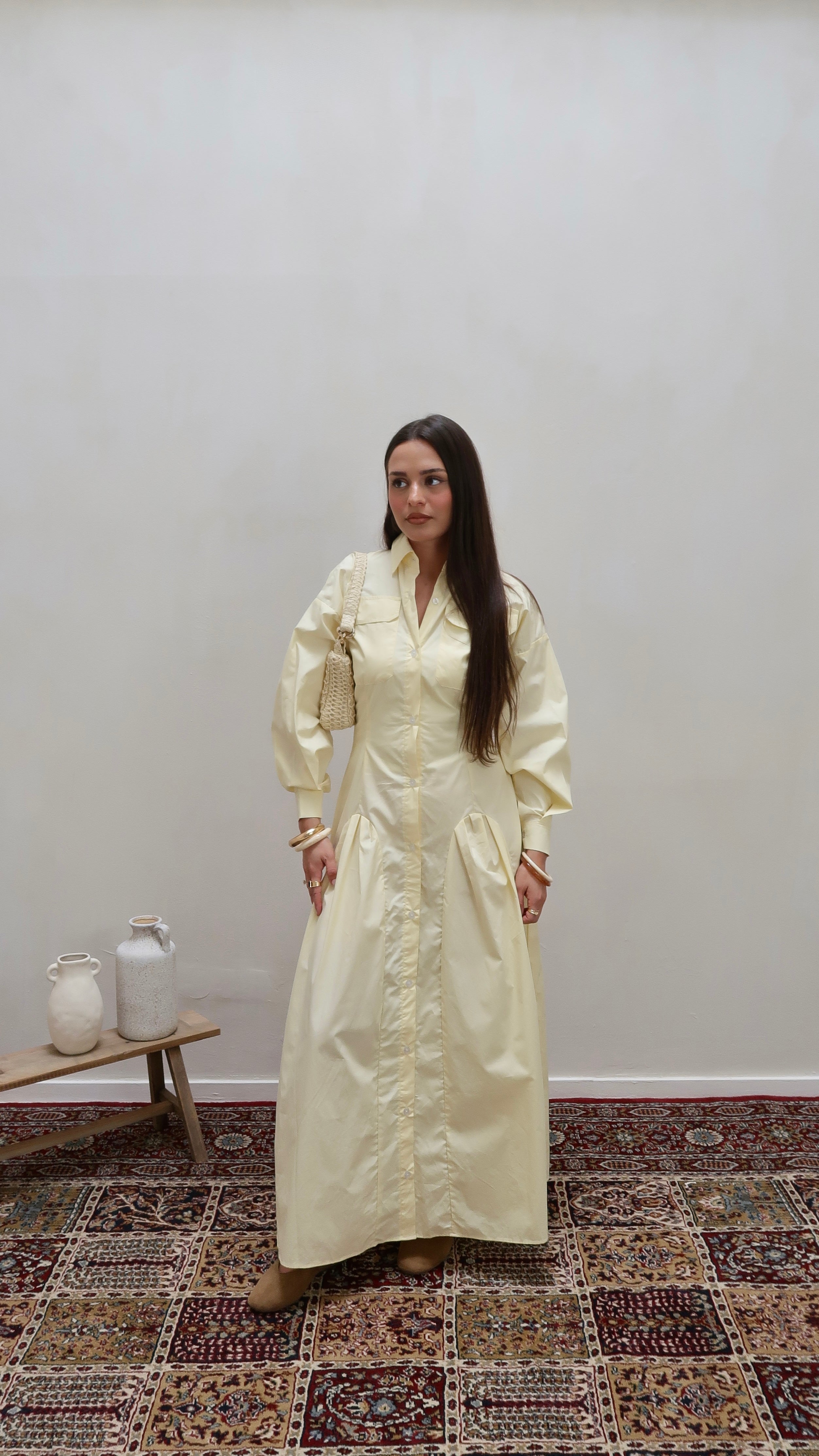 pleated shirt dress buttermilk yellow
