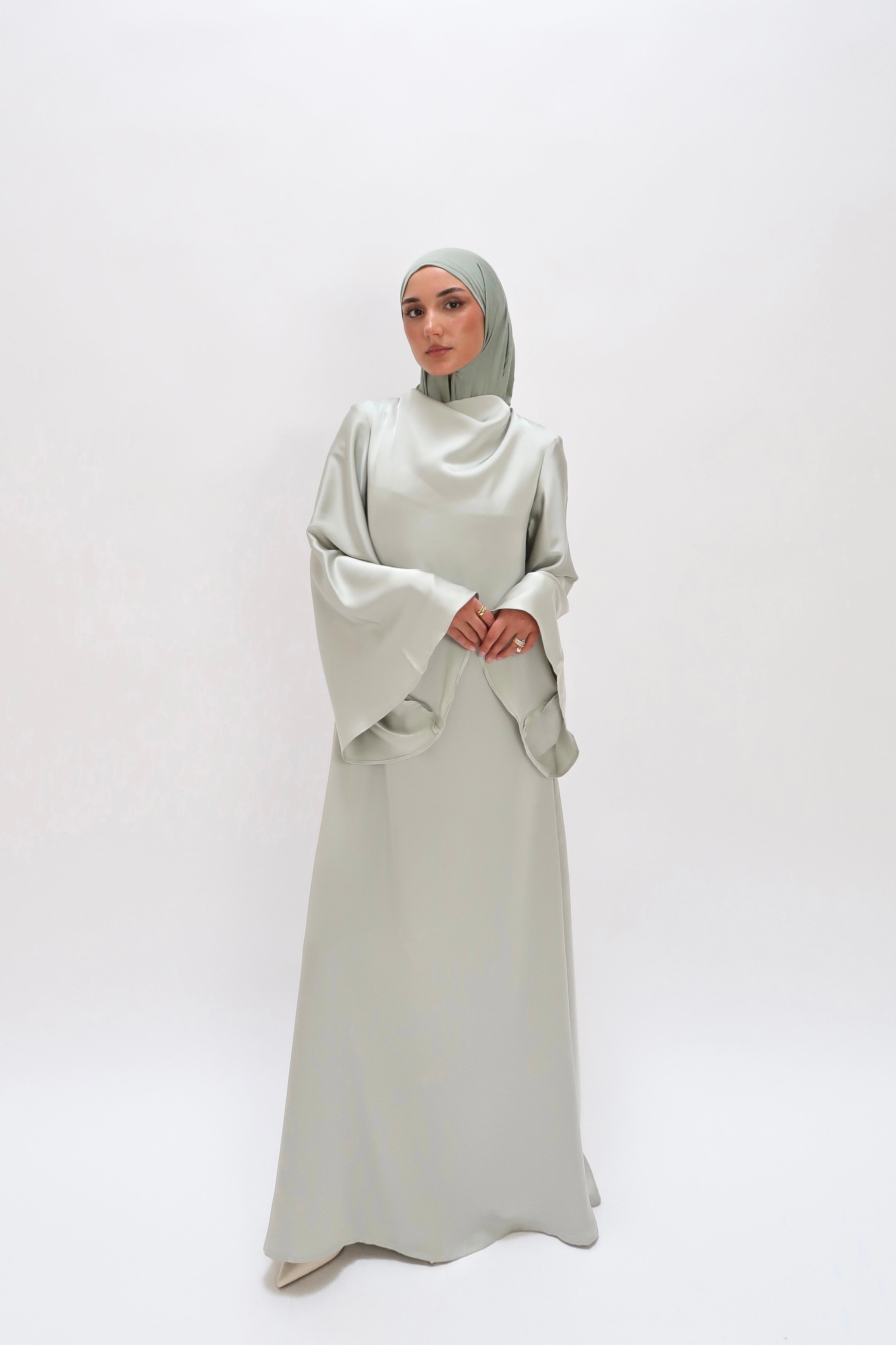 Silk dress with trumpet sleeves sage green