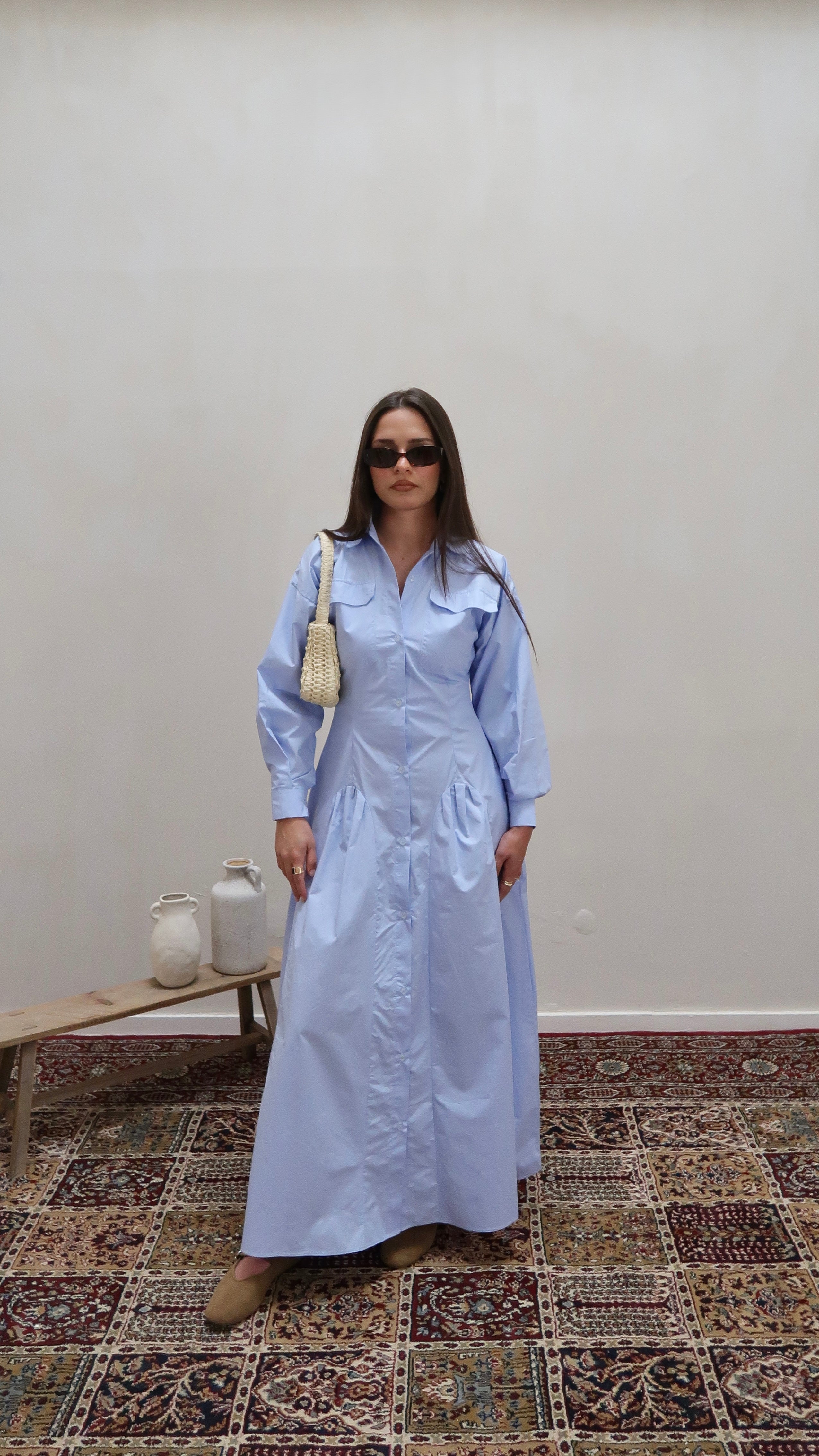 pleated shirt dress baby blue