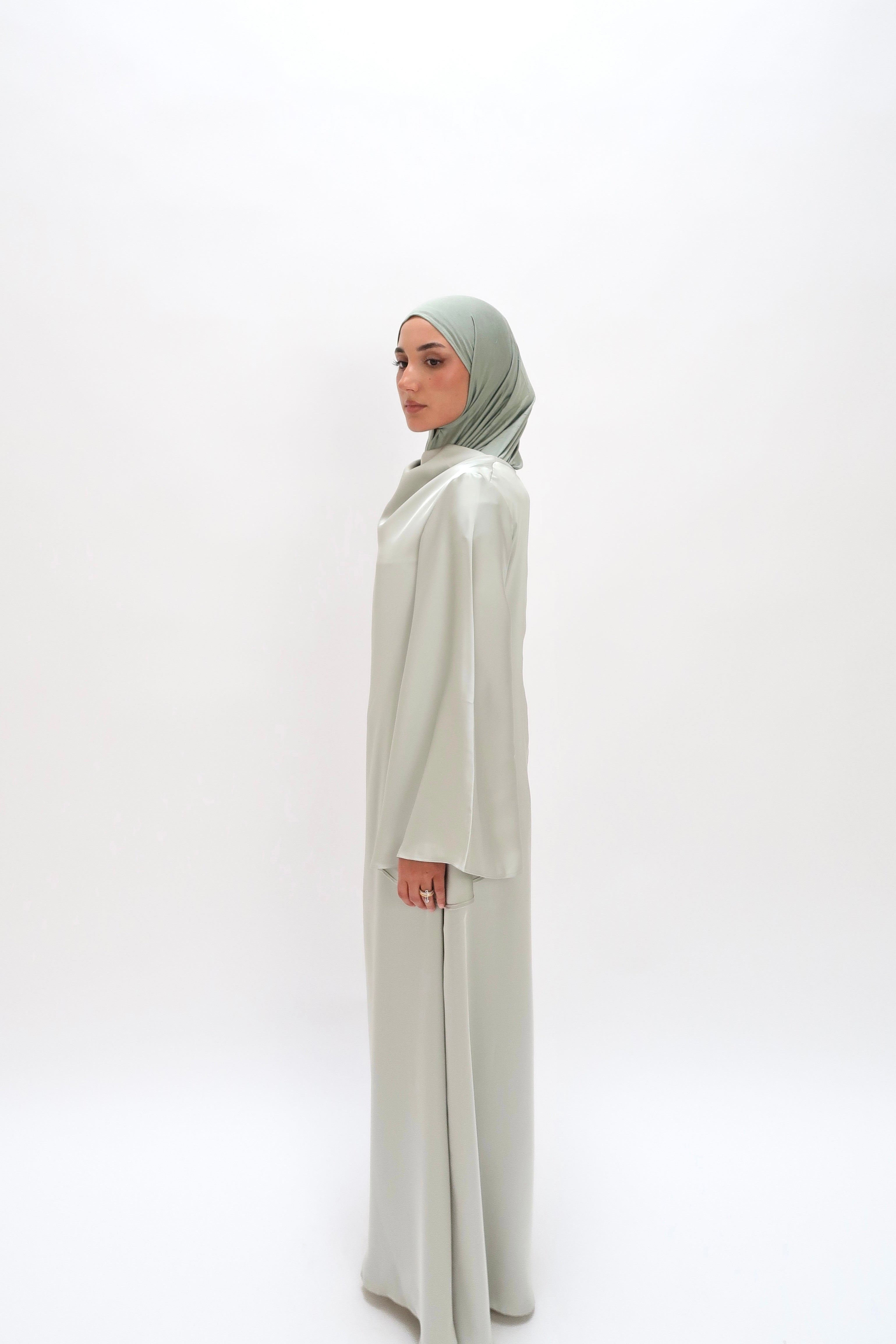 Silk dress with trumpet sleeves sage green