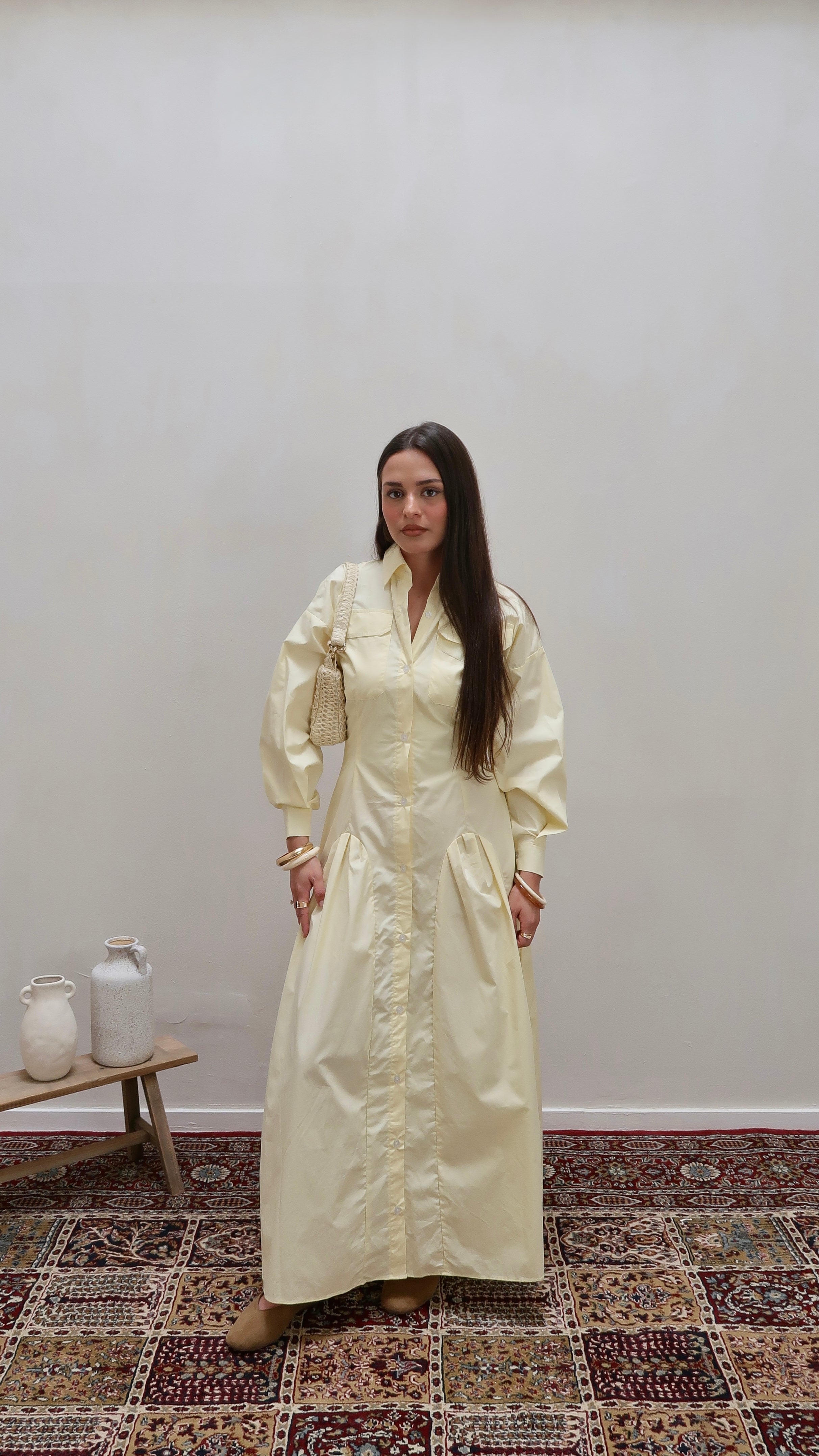 Hemdkleid plissiert Buttermilchgelb