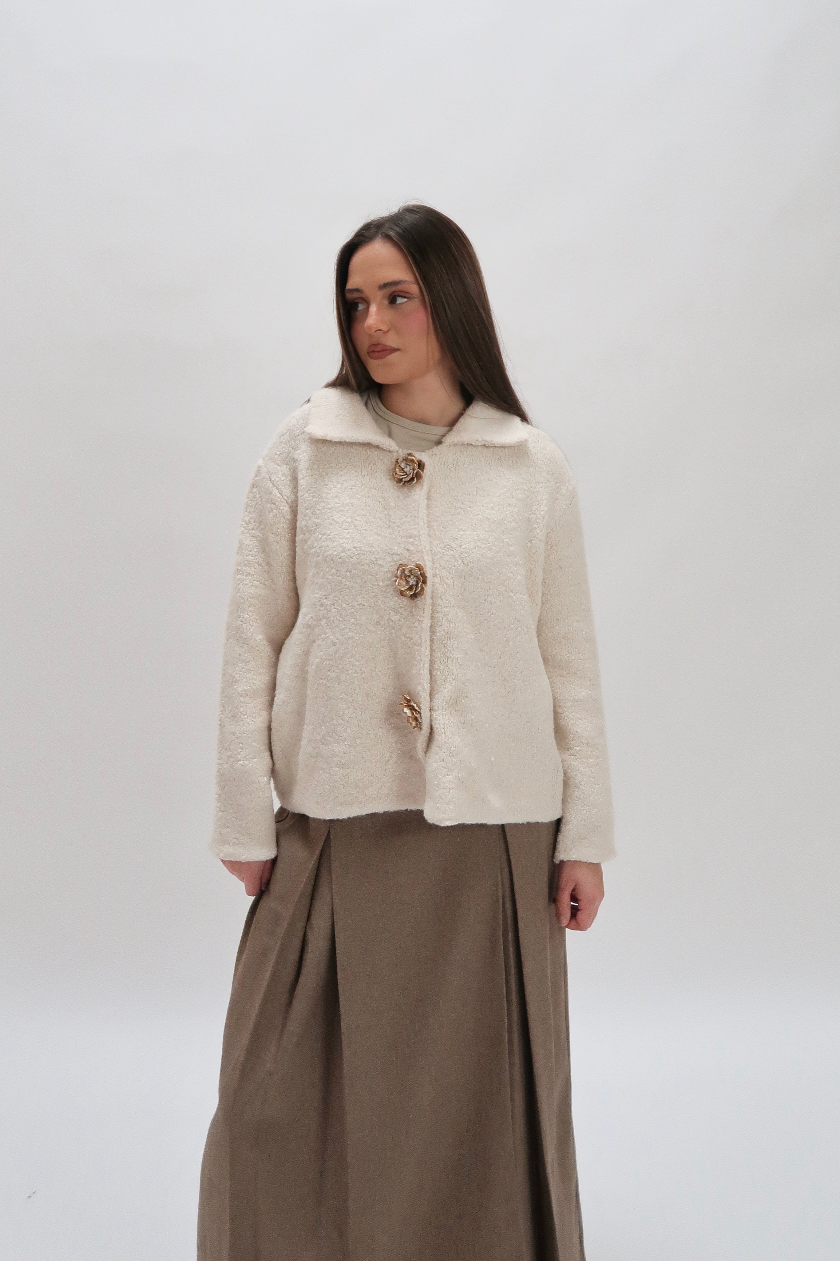 Transitional jacket with flower buttons