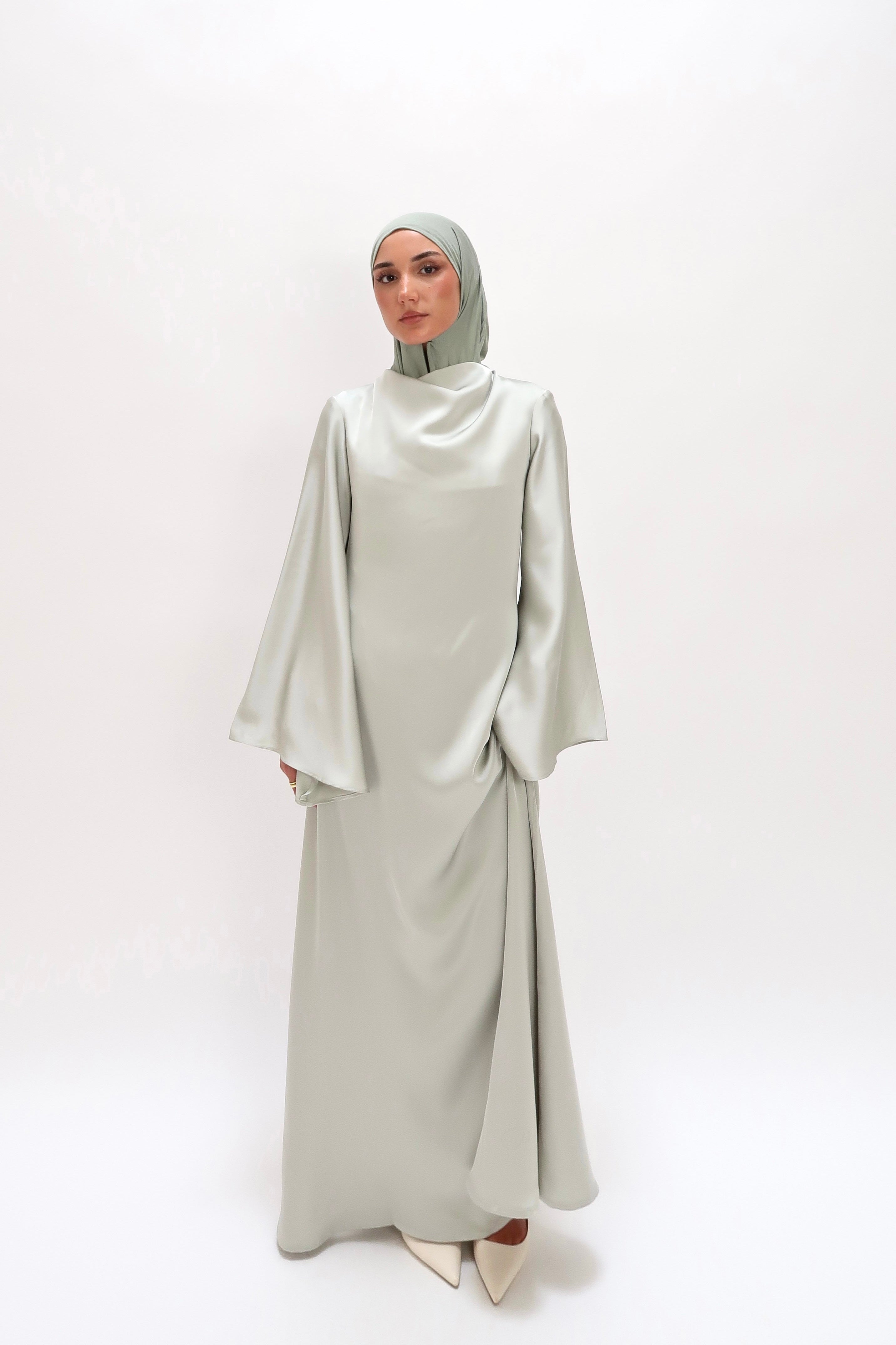 Silk dress with trumpet sleeves sage green